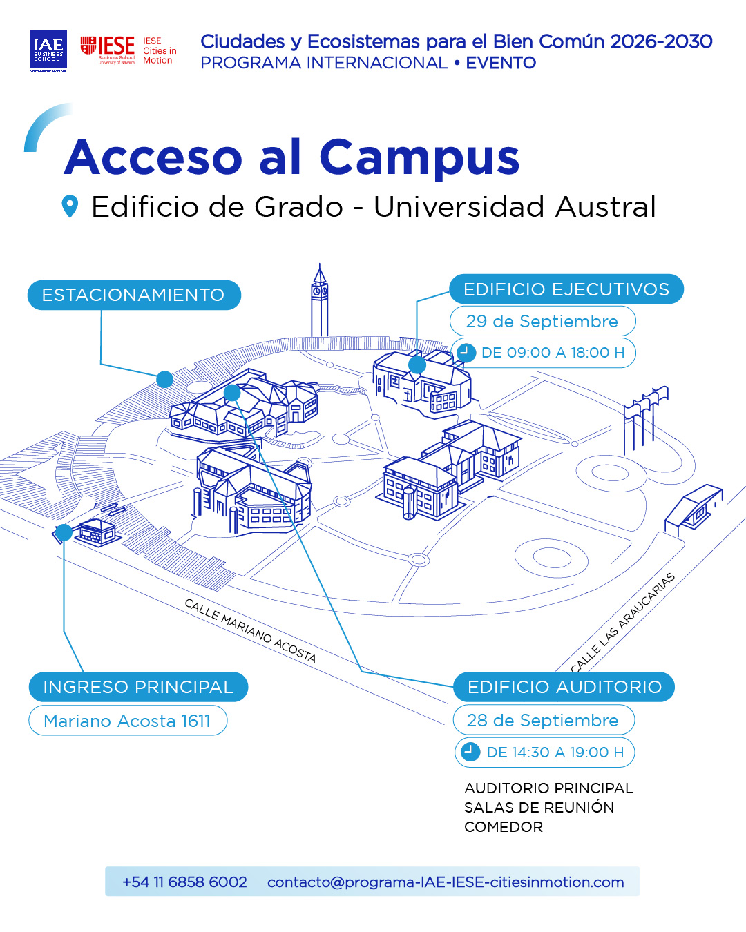 Mapa de acceso al Campus IAE Business School en Pilar, con edificio auditorio, edificio ejecutivos, estacionamiento e ingreso por Calle las Araucarias.